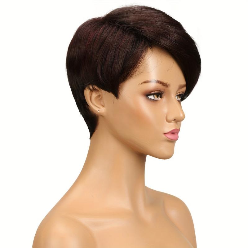 Short Pixie Cut Bob Human Hair Wig Highlight Brown Burgundy Red 150 Density