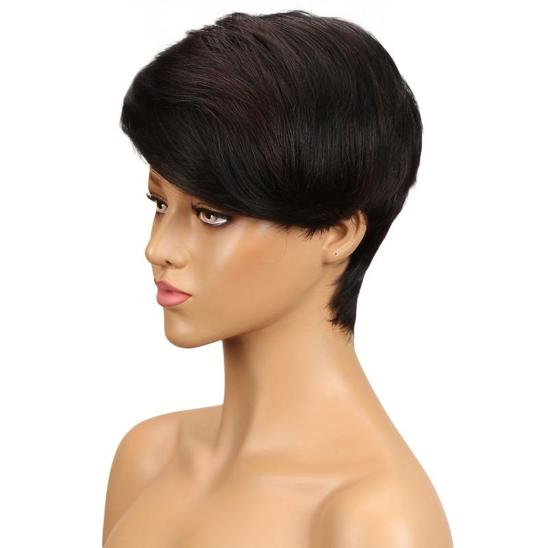 Short Pixie Cut Bob Human Hair Wig Highlight Brown Burgundy Red 150 Density