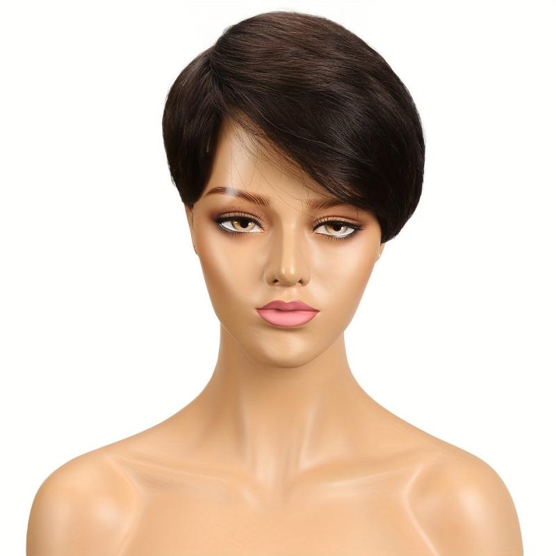 Short Pixie Cut Bob Human Hair Wig Highlight Brown Burgundy Red 150 Density