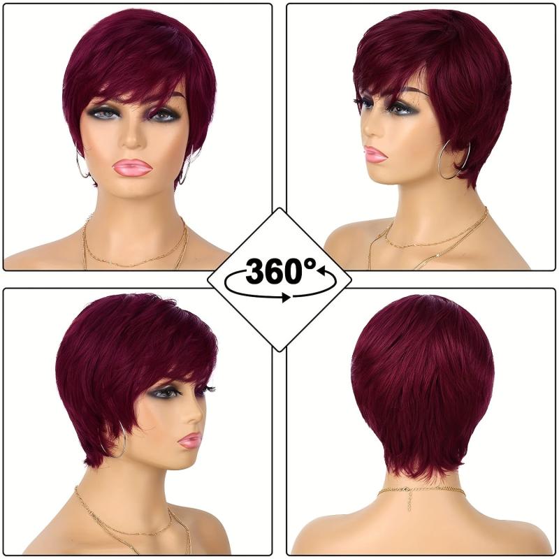 Burgundy Short Pixie Cut Human Hair Wigs For Women