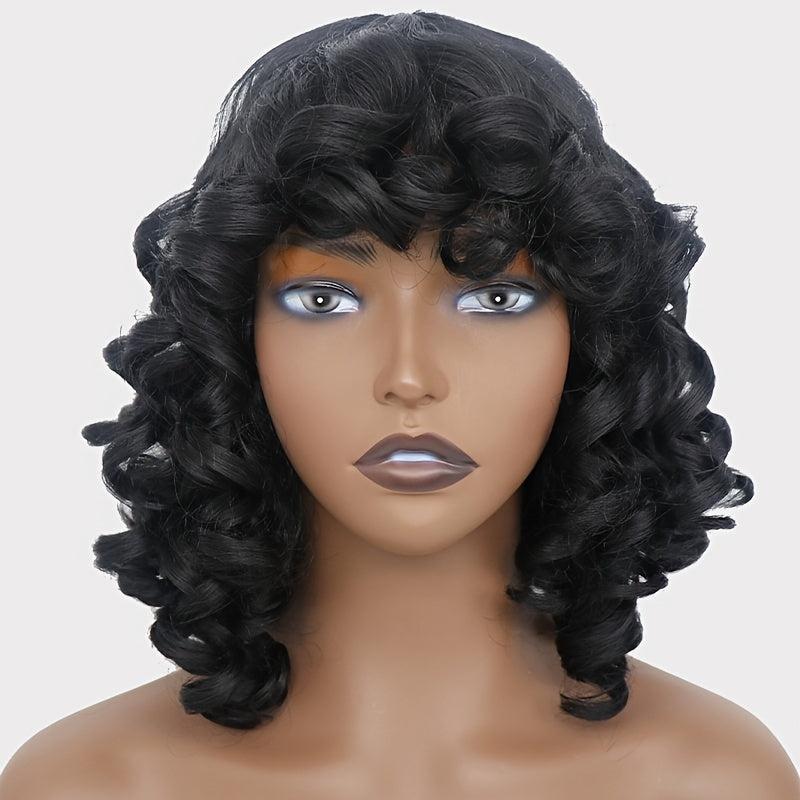 Afro Kinky Curly Wig with Bangs Heat Resistant Synthetic Hair