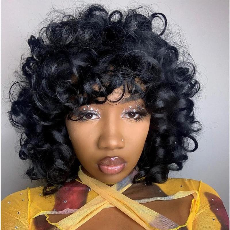 Afro Kinky Curly Wig with Bangs Heat Resistant Synthetic Hair