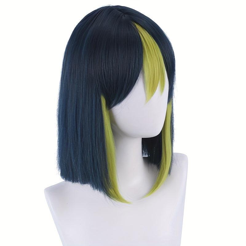Colorful Short Bob Cut Straight Wig Green Mixed Synthetic Hair With Bangs