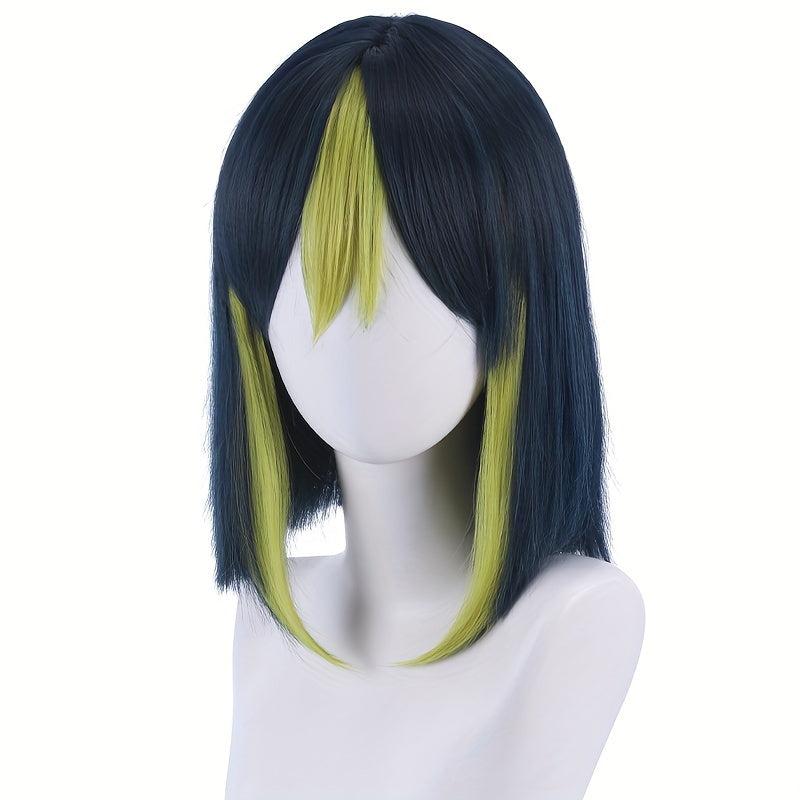 Colorful Short Bob Cut Straight Wig Green Mixed Synthetic Hair With Bangs