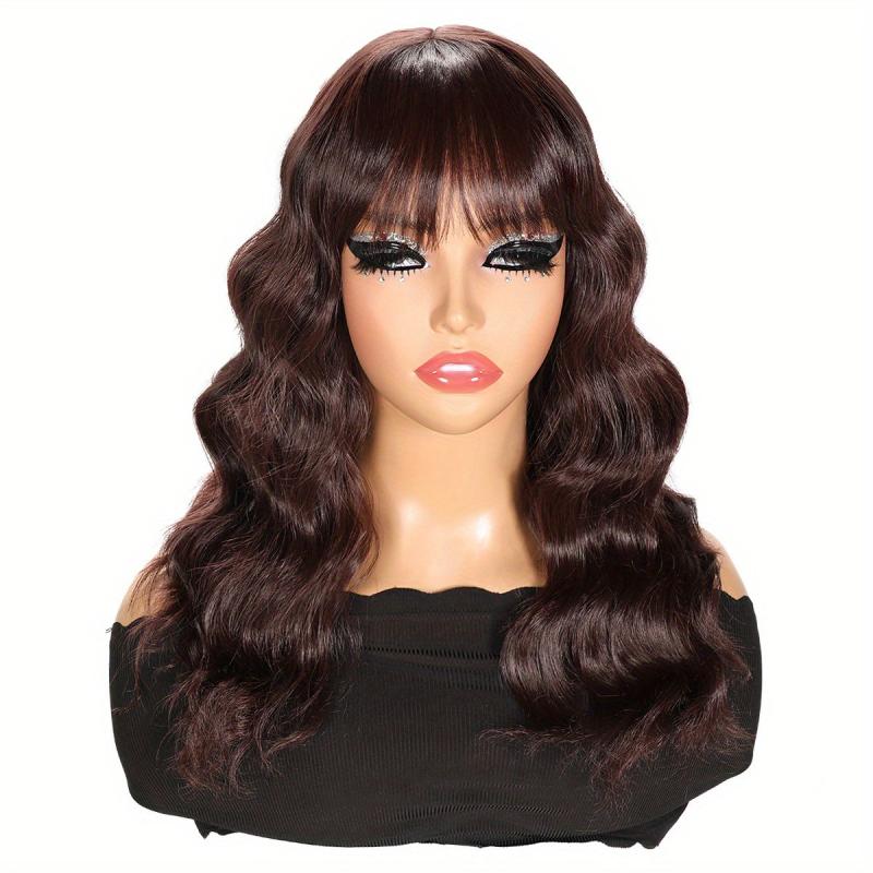 Mid Length Curly Wig With Bangs Natural Middle Part Curly Wavy Wig for Women