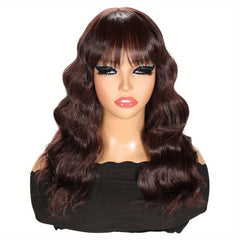 Mid Length Curly Wig With Bangs Natural Middle Part Curly Wavy Wig for Women