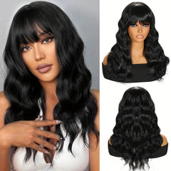 Mid Length Curly Wig With Bangs Natural Middle Part Curly Wavy Wig for Women