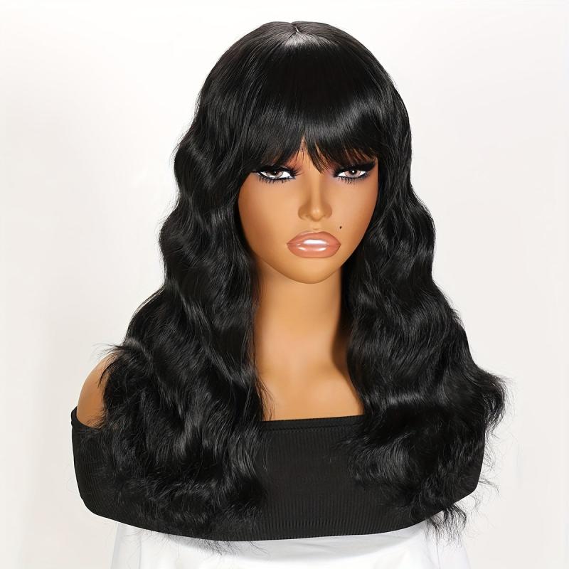 Mid Length Curly Wig With Bangs Natural Middle Part Curly Wavy Wig for Women