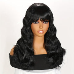 Mid Length Curly Wig With Bangs Natural Middle Part Curly Wavy Wig for Women