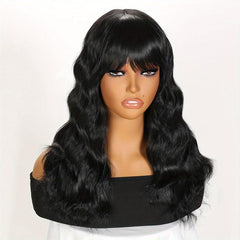 Mid Length Curly Wig With Bangs Natural Middle Part Curly Wavy Wig for Women