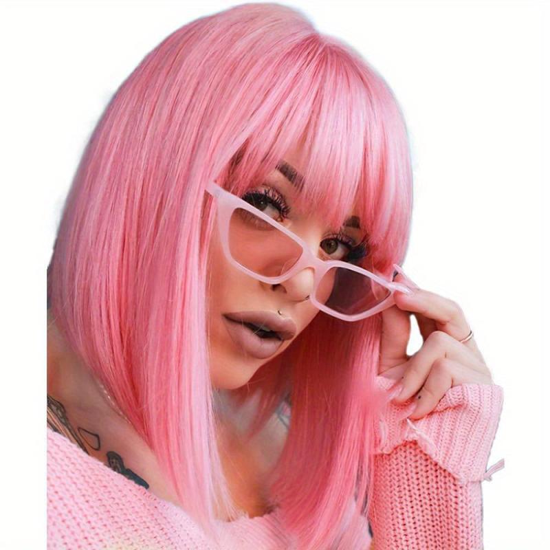 Short Straight Bob Wigs With Bangs Colorful Synthetic Fiber Hair
