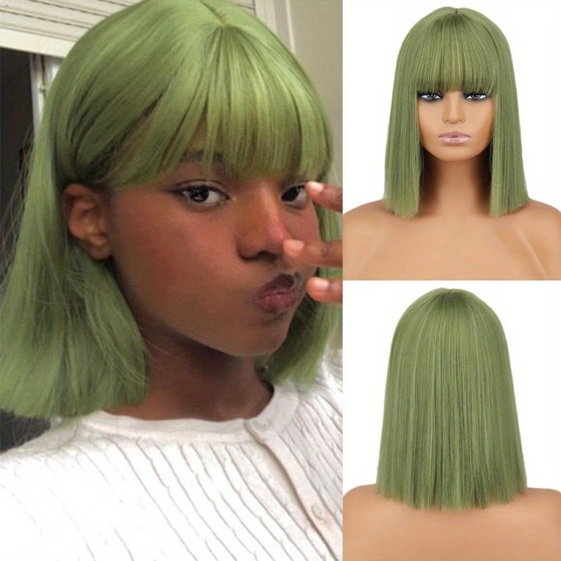 Short Straight Bob Wigs With Bangs Colorful Synthetic Fiber Hair