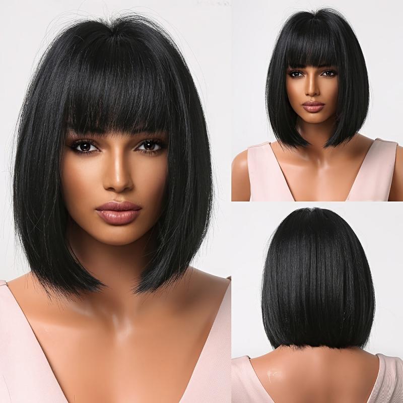 Short Straight Bob Wigs With Bangs Colorful Synthetic Fiber Hair
