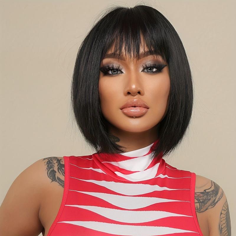 30 48 Cm Short Bob Wigs With Bangs Synthetic Fiber Hair Replacement