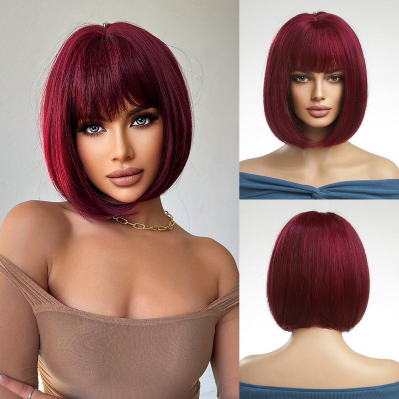 30 48 Cm Short Bob Wigs With Bangs Synthetic Fiber Hair Replacement