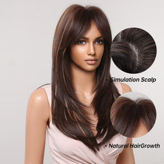 Dark Brown Blonde Long Straight Layered Middle Part Wig