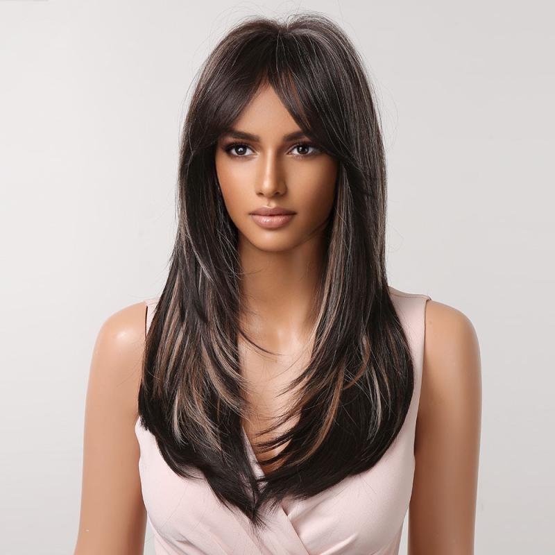 Dark Brown Blonde Long Straight Layered Middle Part Wig