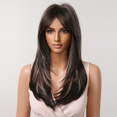 Dark Brown Blonde Long Straight Layered Middle Part Wig