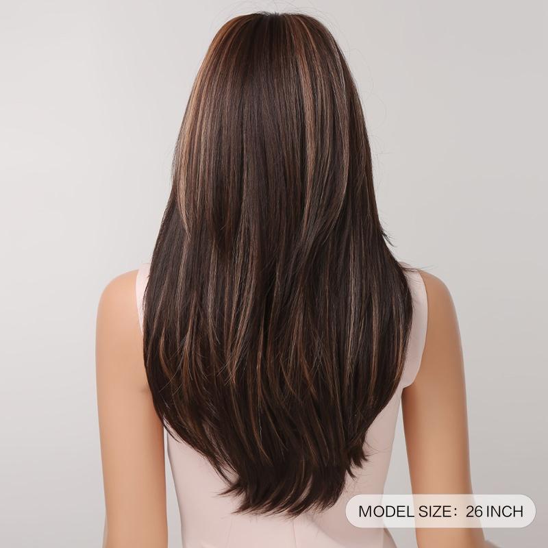 Dark Brown Blonde Long Straight Layered Middle Part Wig