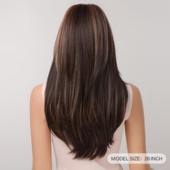 Dark Brown Blonde Long Straight Layered Middle Part Wig