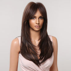 Dark Brown Blonde Long Straight Layered Middle Part Wig