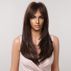 Dark Brown Blonde Long Straight Layered Middle Part Wig