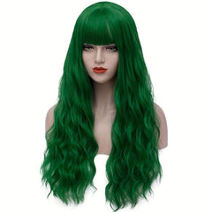 Green Long Wavy Wig with Bangs for Women