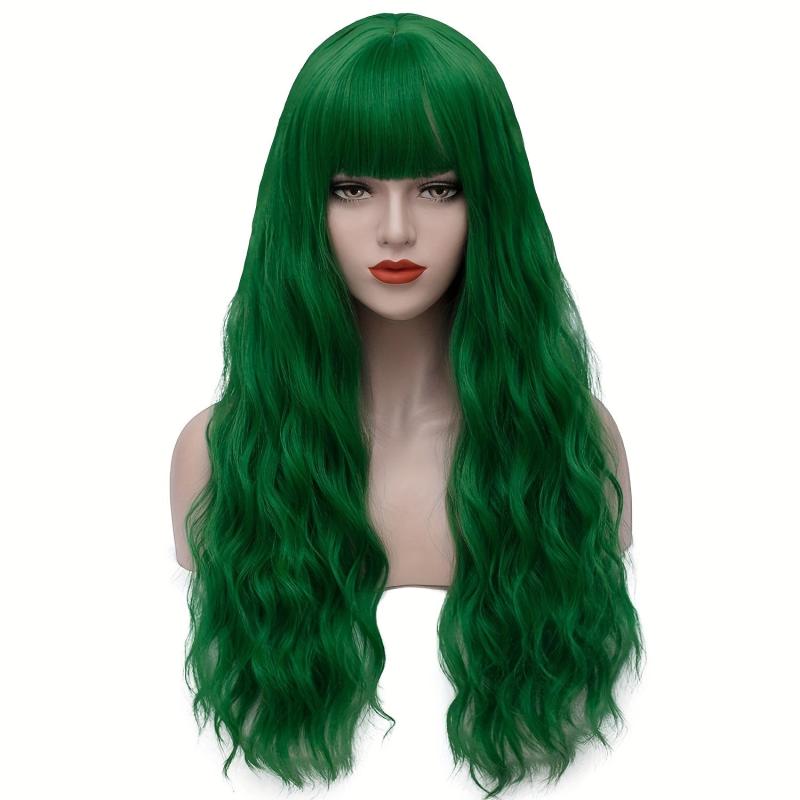 Green Long Wavy Wig with Bangs for Women