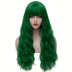 Green Long Wavy Wig with Bangs for Women