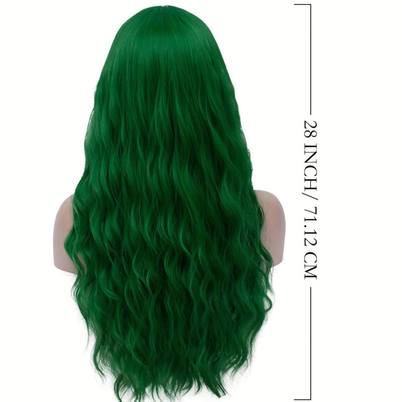 Green Long Wavy Wig with Bangs for Women