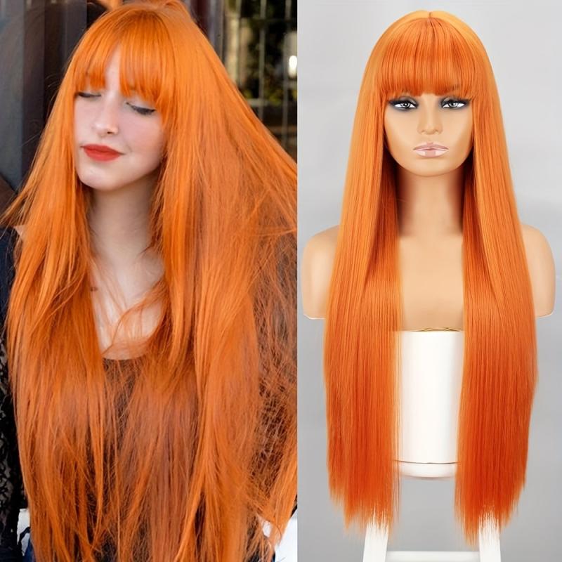 66 cm Orange Straight Hair Wig with Bangs for Party Halloween Use