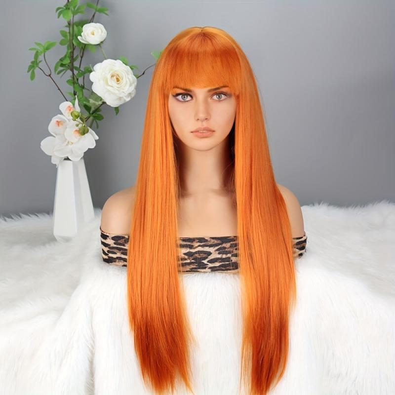 66 cm Orange Straight Hair Wig with Bangs for Party Halloween Use