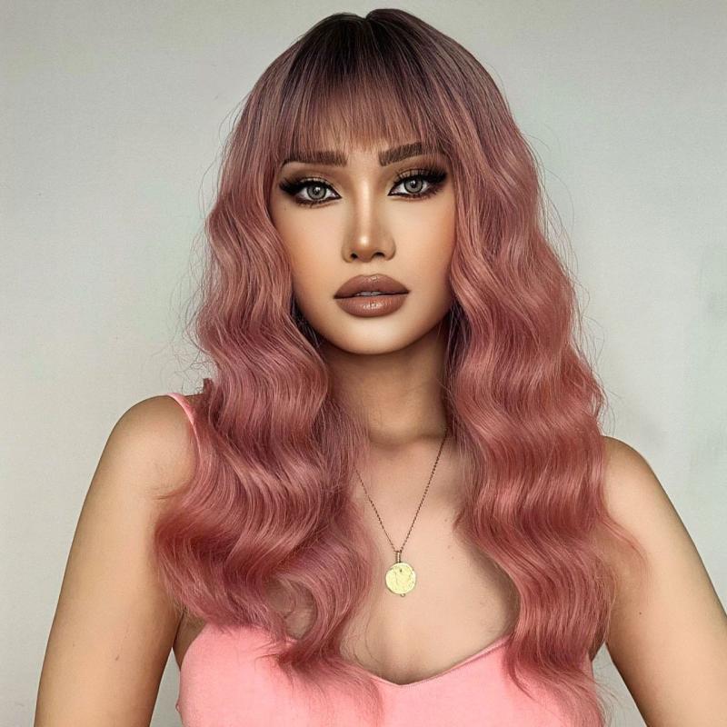 Ombre Brown Bob Wig With Bangs 20 Inch Wavy Synthetic Wig