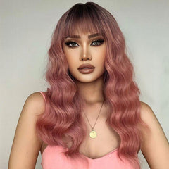 Ombre Brown Bob Wig With Bangs 20 Inch Wavy Synthetic Wig
