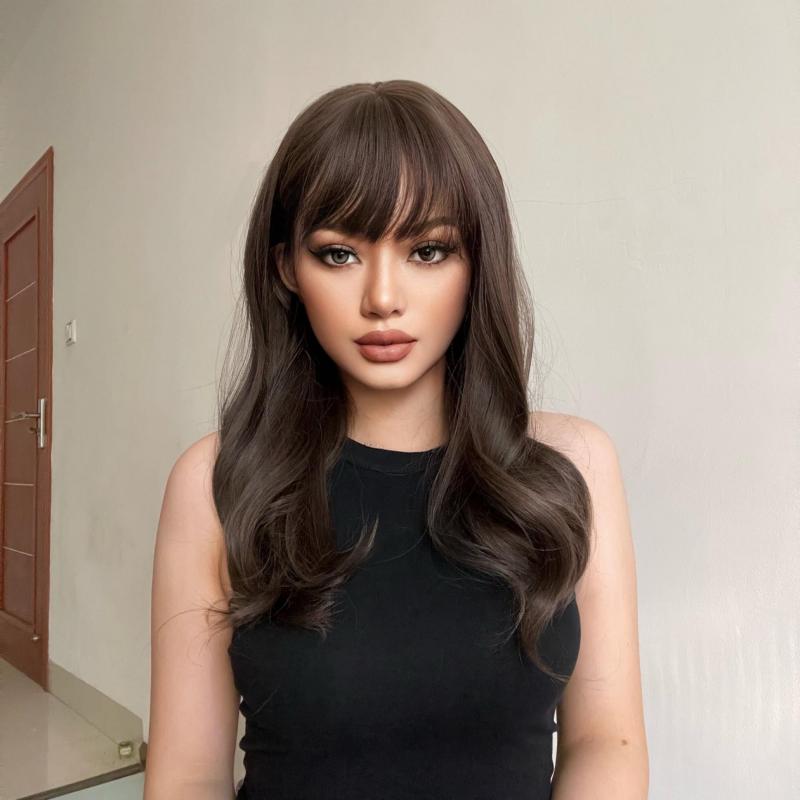 Ombre Brown Bob Wig With Bangs 20 Inch Wavy Synthetic Wig