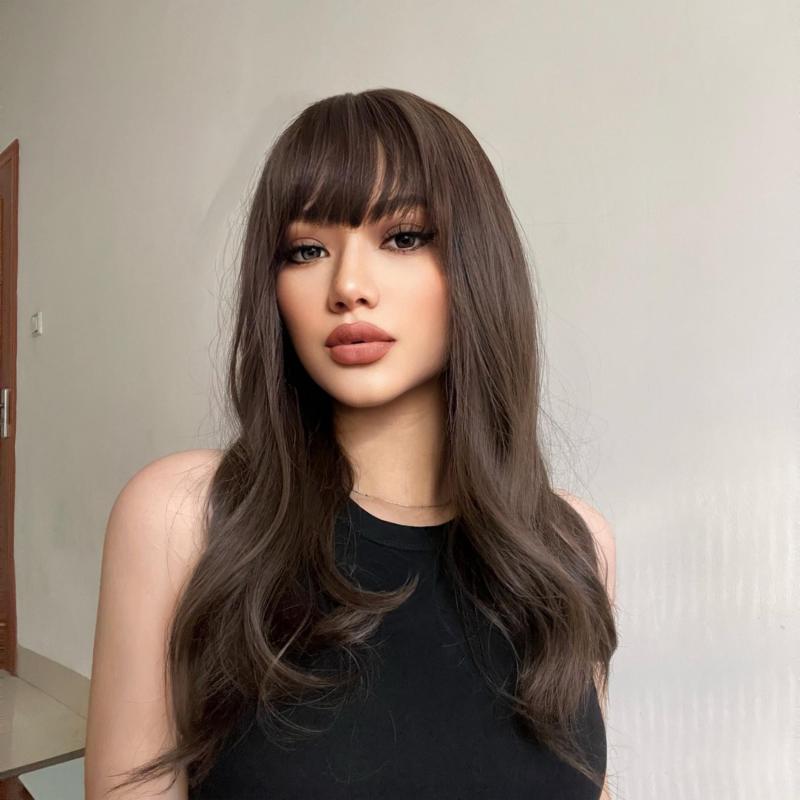 Ombre Brown Bob Wig With Bangs 20 Inch Wavy Synthetic Wig