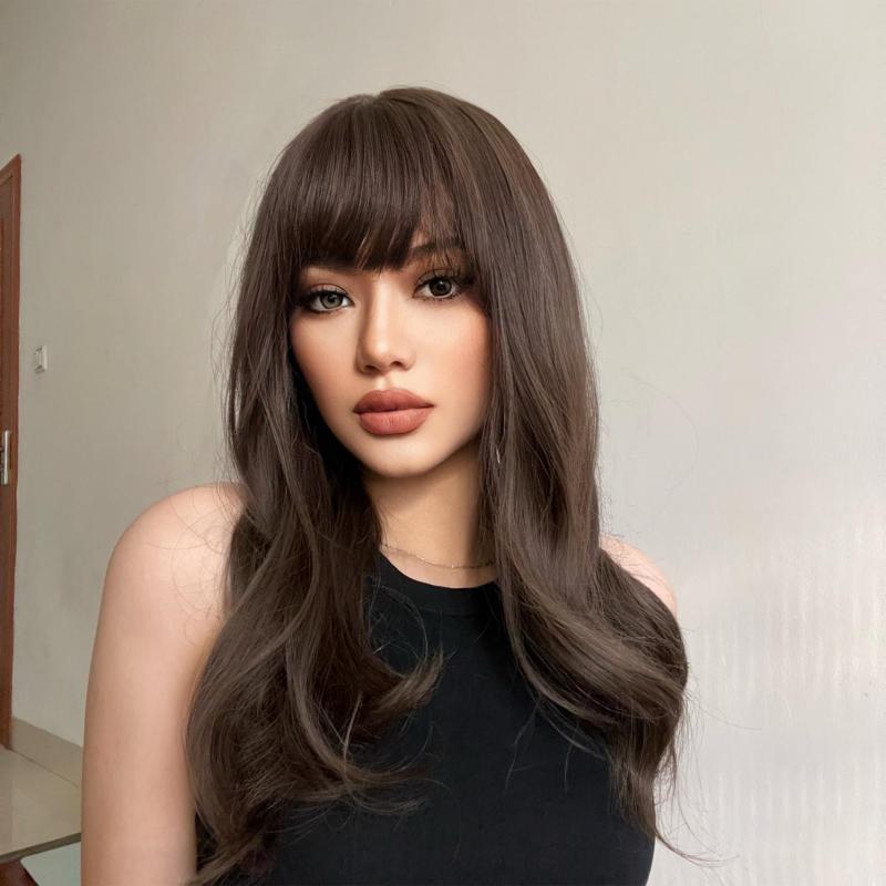 Ombre Brown Bob Wig With Bangs 20 Inch Wavy Synthetic Wig