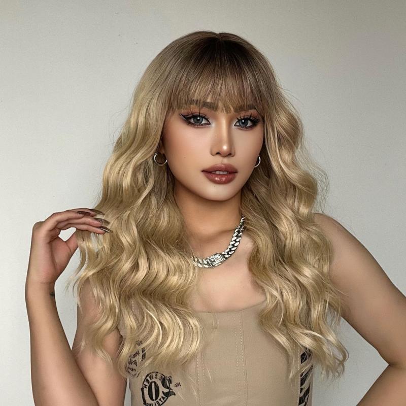 Ombre Brown Bob Wig With Bangs 20 Inch Wavy Synthetic Wig