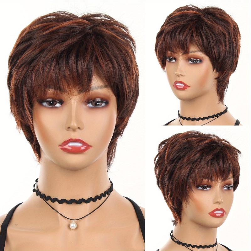Short Brown Wig With Bangs Synthetic Natural Hair Wig Dark Roots 10 Inch