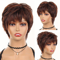 Short Brown Wig With Bangs Synthetic Natural Hair Wig Dark Roots 10 Inch