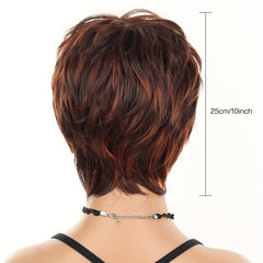 Short Brown Wig With Bangs Synthetic Natural Hair Wig Dark Roots 10 Inch
