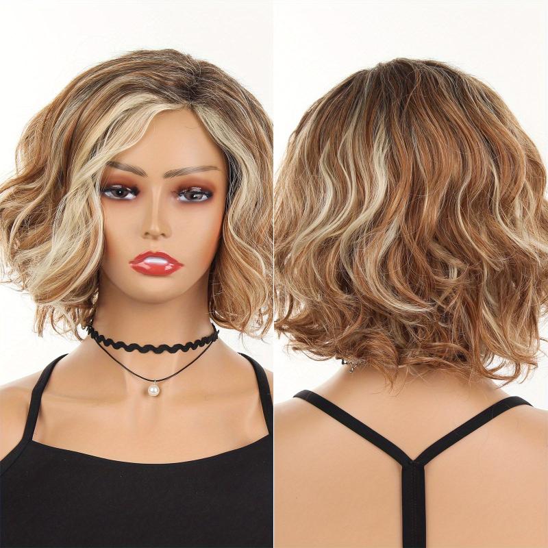 Short Brown Wig With Bangs Synthetic Natural Hair Wig Dark Roots 10 Inch