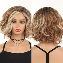 Short Brown Wig With Bangs Synthetic Natural Hair Wig Dark Roots 10 Inch
