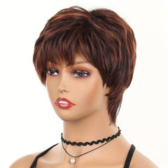 Short Brown Wig With Bangs Synthetic Natural Hair Wig Dark Roots 10 Inch