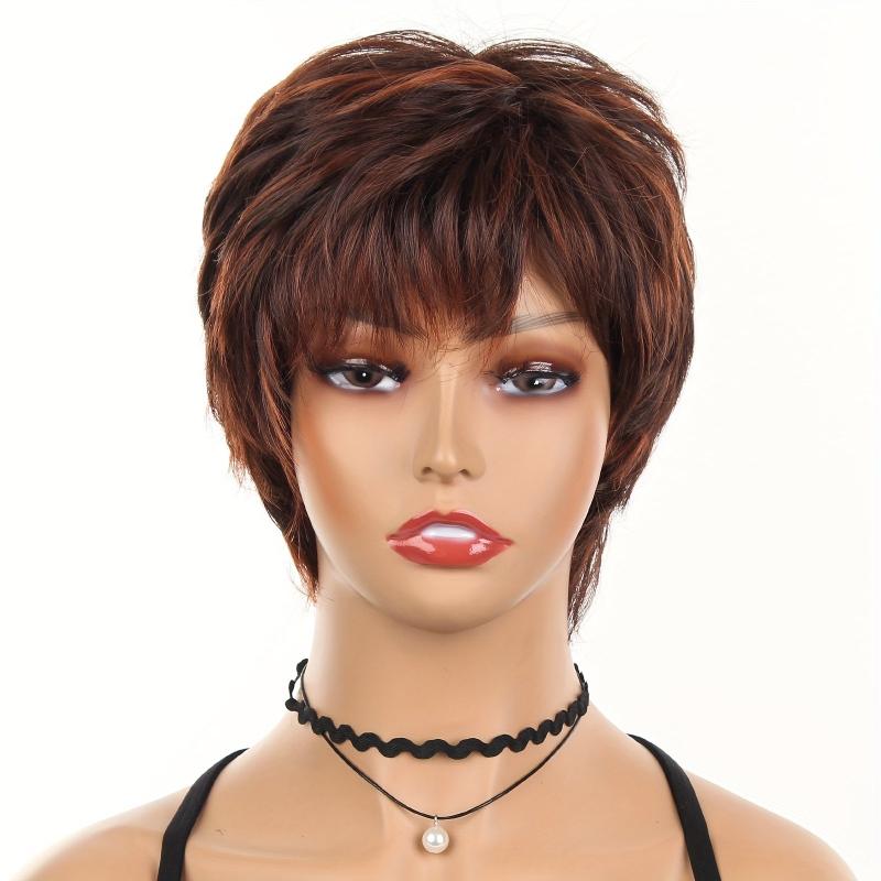 Short Brown Wig With Bangs Synthetic Natural Hair Wig Dark Roots 10 Inch