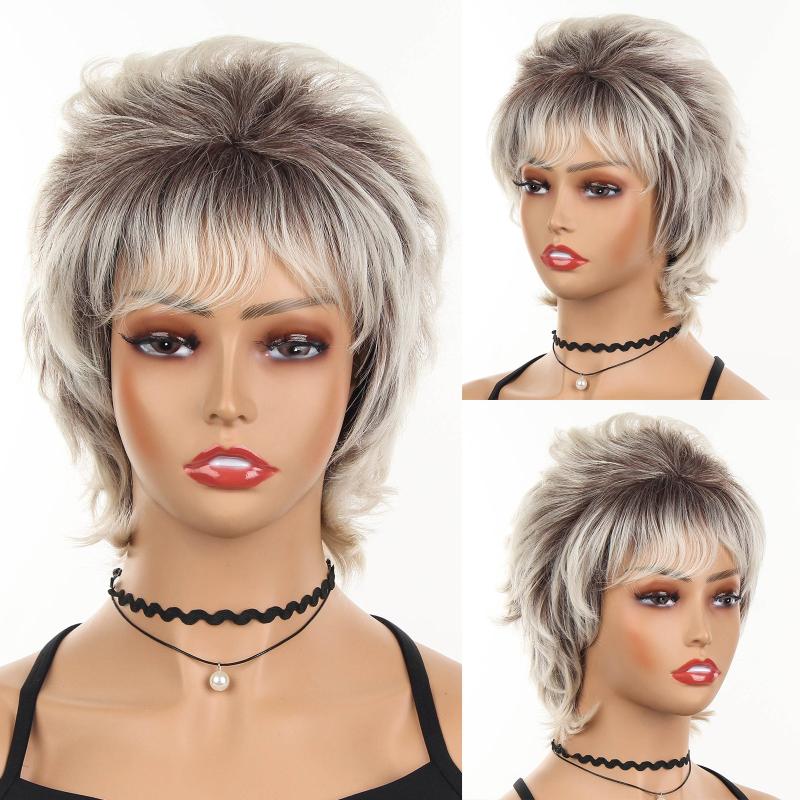 Short Brown Wig With Bangs Synthetic Natural Hair Wig Dark Roots 10 Inch