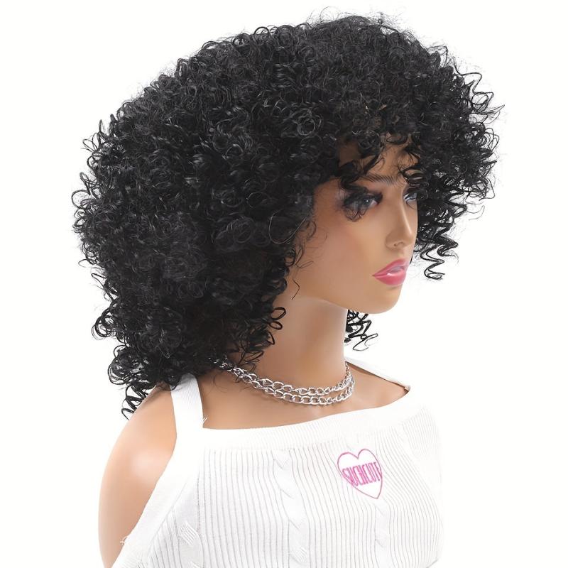 Short Afro Curly Wigs With Bangs Synthetic Hair for Halloween Cosplay Daily Wear