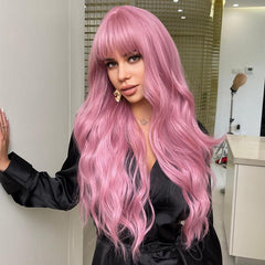 Long Pink Wig With Bangs Wavy Wigs - Christmas Must-Have