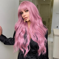 Long Pink Wig With Bangs Wavy Wigs - Christmas Must-Have