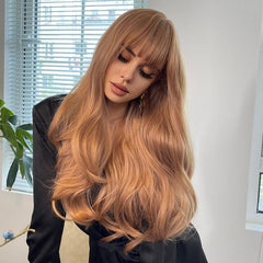 Long Pink Wig With Bangs Wavy Wigs - Christmas Must-Have